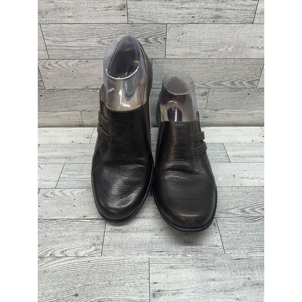 Clark's Artisan Womens Brown Leather Slip On Heels Elastic Stretch Sz 8.5M 73388